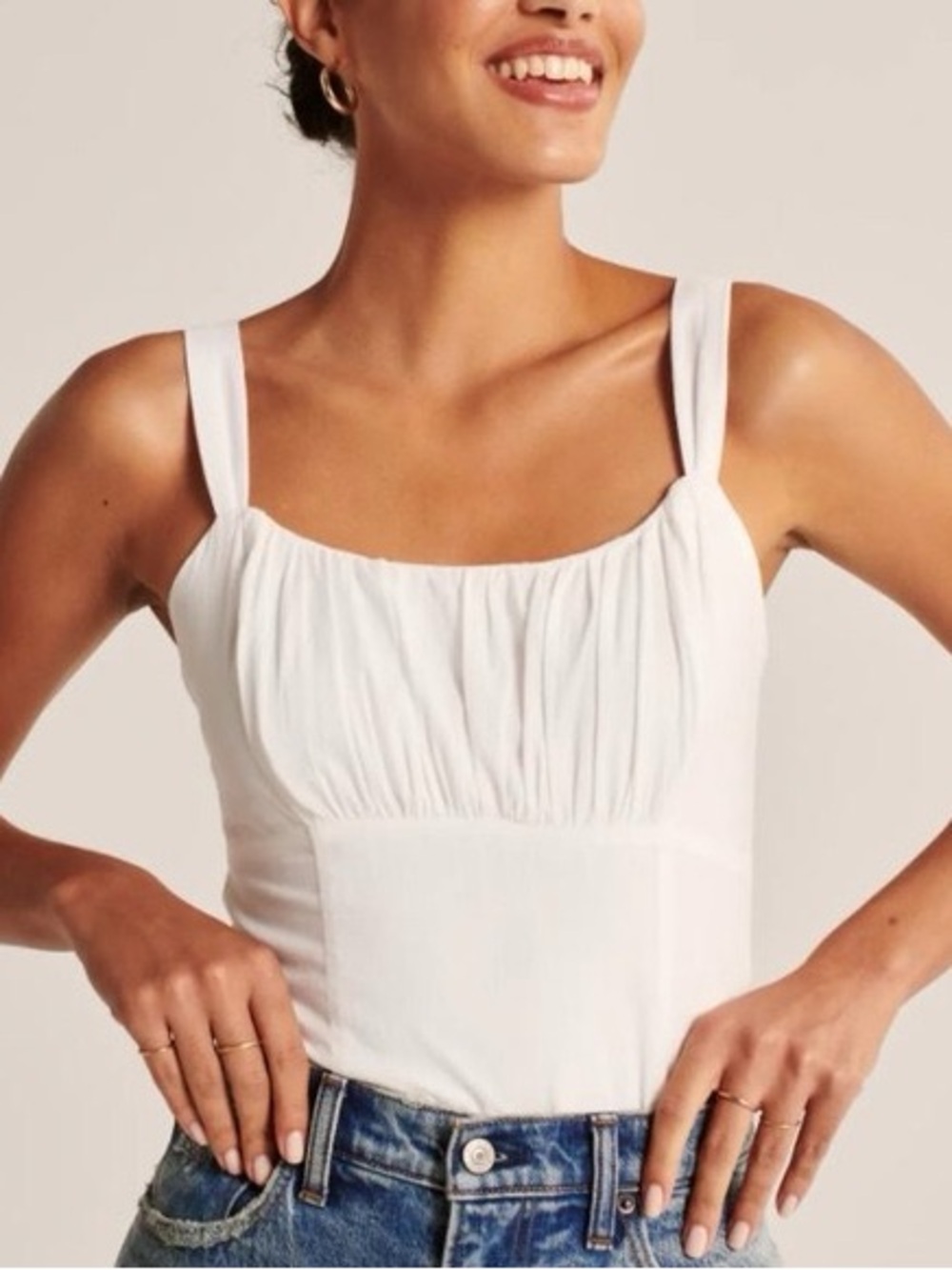 Abercrombie & Fitch White Ruched Front Smocked Tank Top Bodysuit